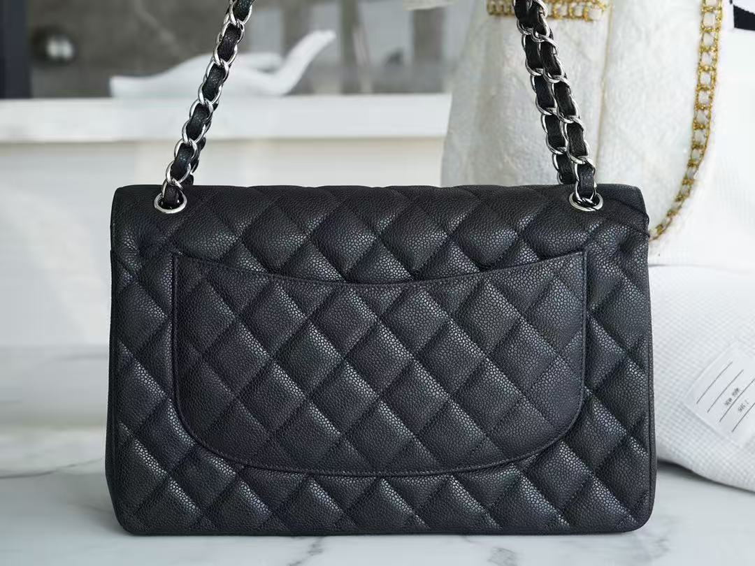 Chanel 2026 Flap Bag 30cm Black Caviar Leather With Silver Hardware