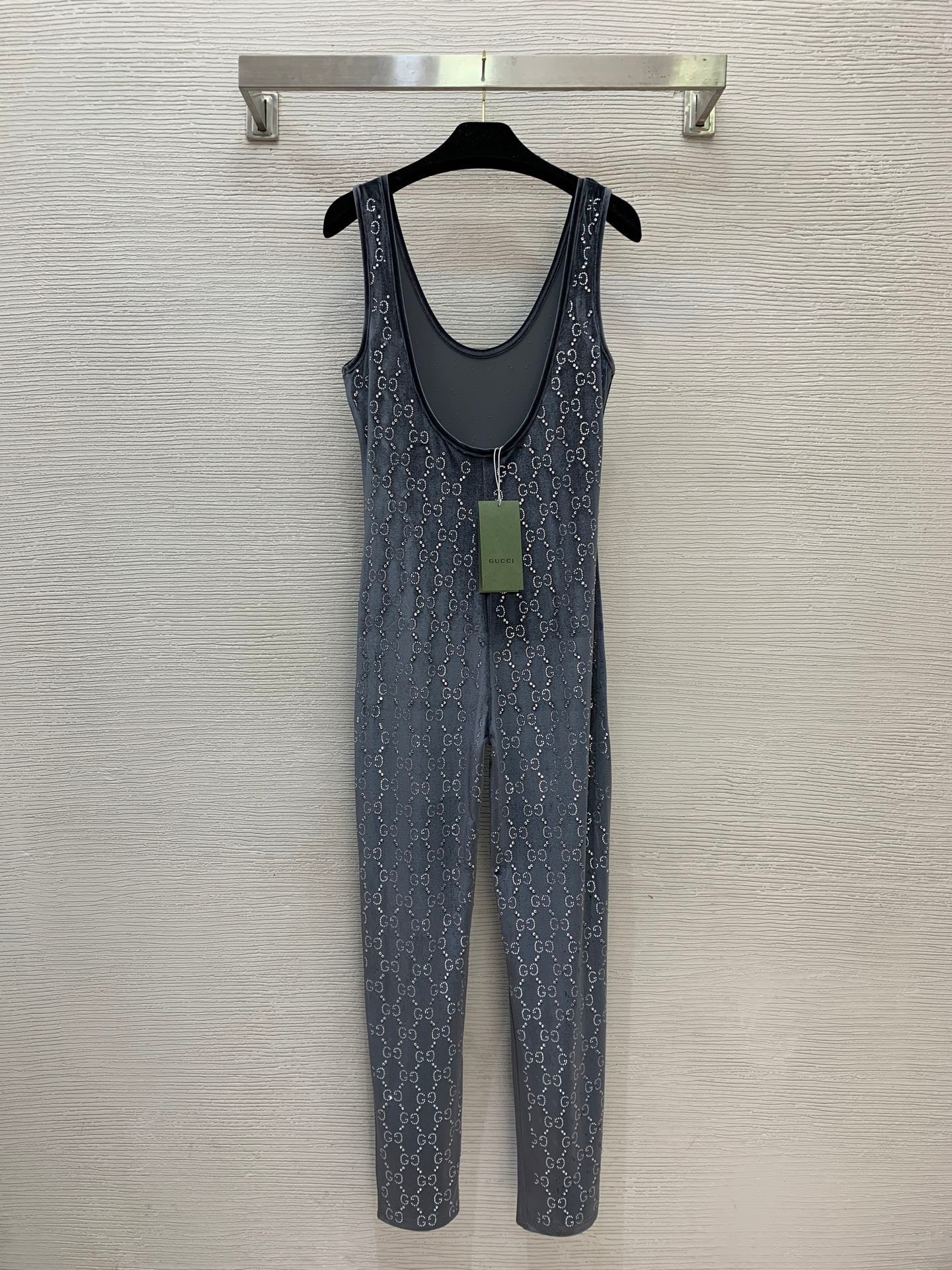 Gucci 2026 GG Crystal Embroidery Jumpsuit Blue Viscose Polyester