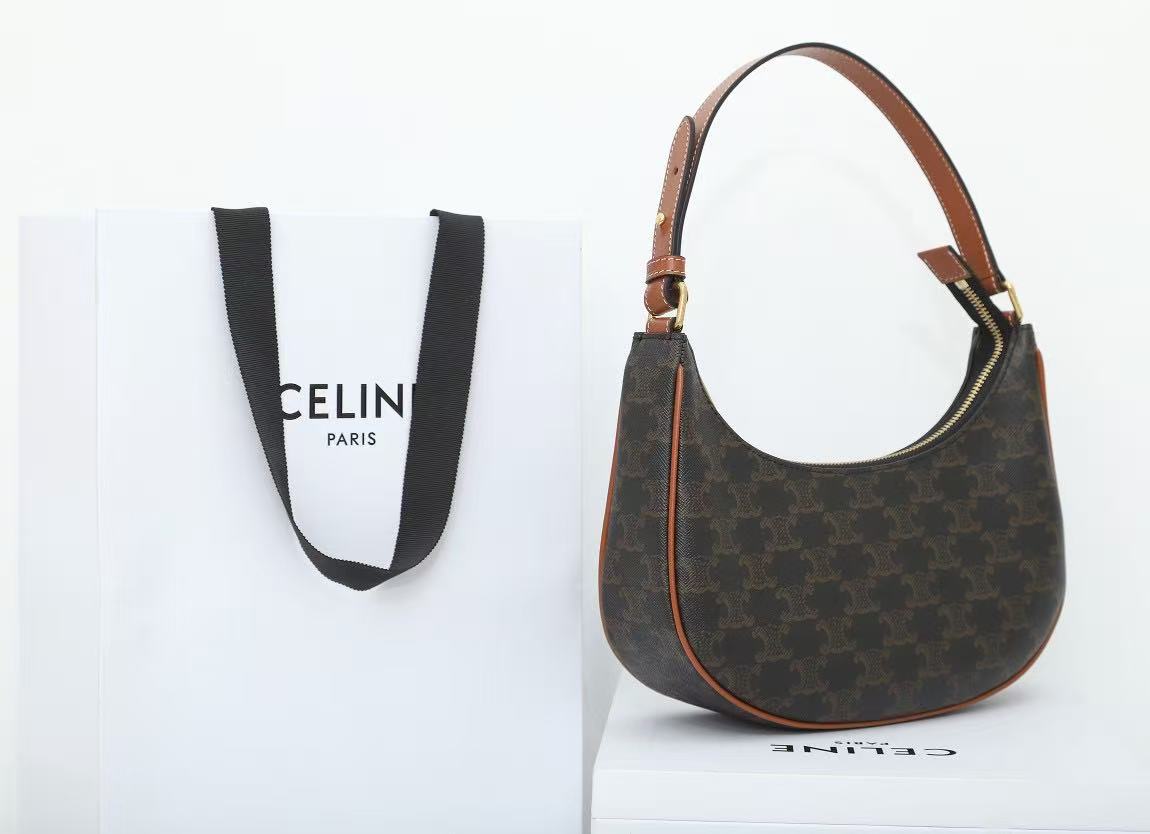 Celine 2026 Ava Shoulder Bag 23cm Black Tan Triomphe Canvas Calfskin