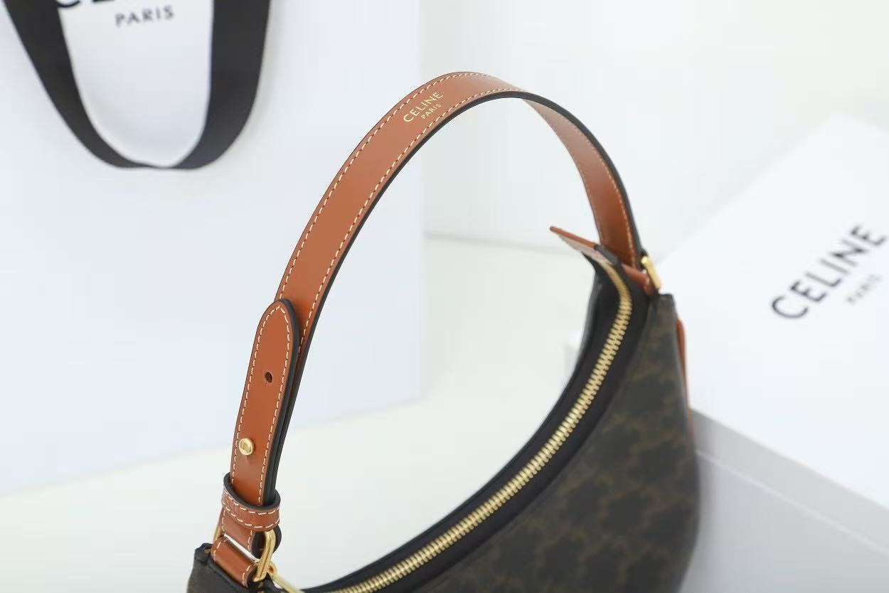 Celine 2026 Ava Shoulder Bag 23cm Black Tan Triomphe Canvas Calfskin