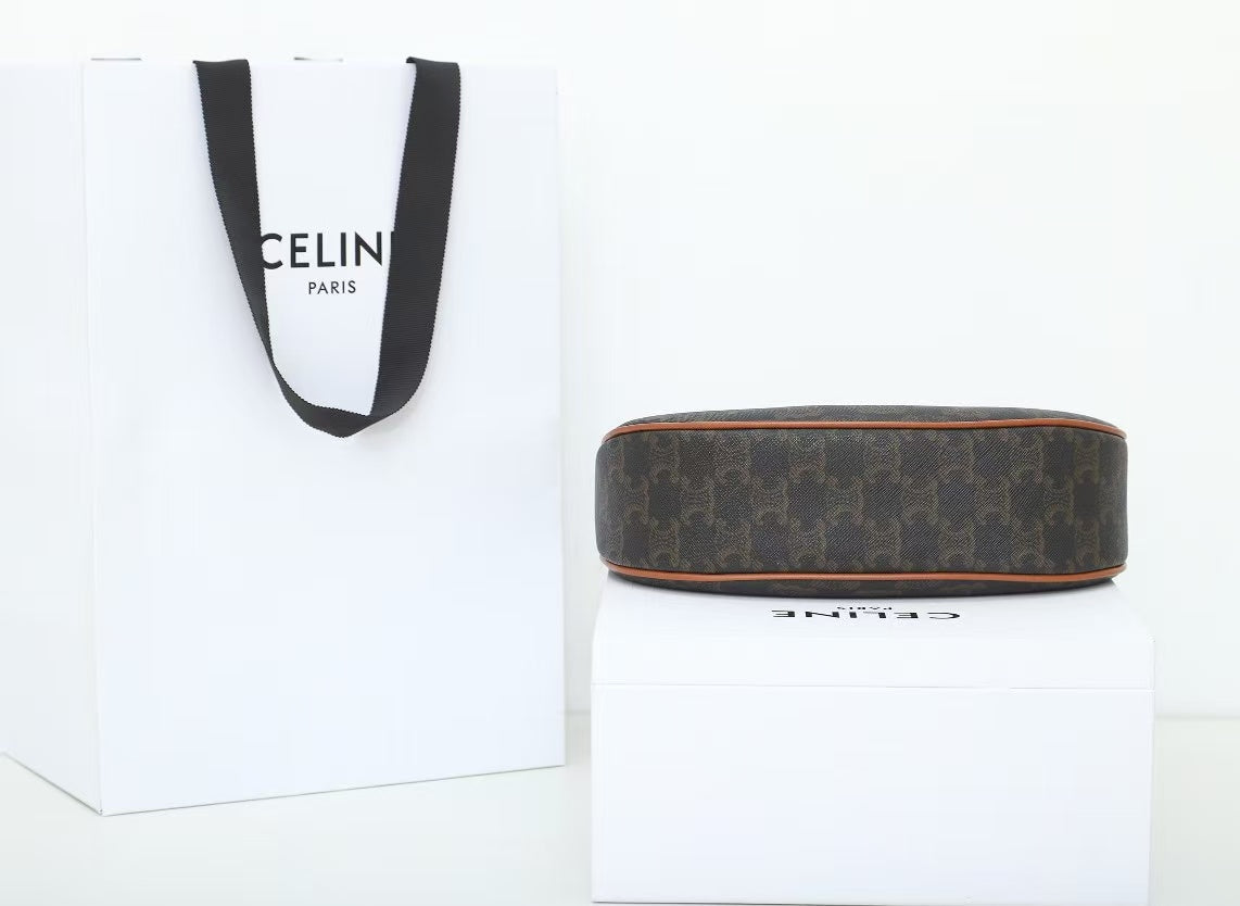 Celine 2026 Ava Shoulder Bag 23cm Black Tan Triomphe Canvas Calfskin
