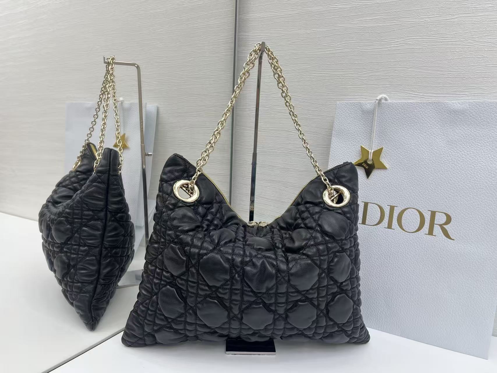 Dior 2026 Crunchy Bag 38cm Black Puffy Macrocannage Calfskin