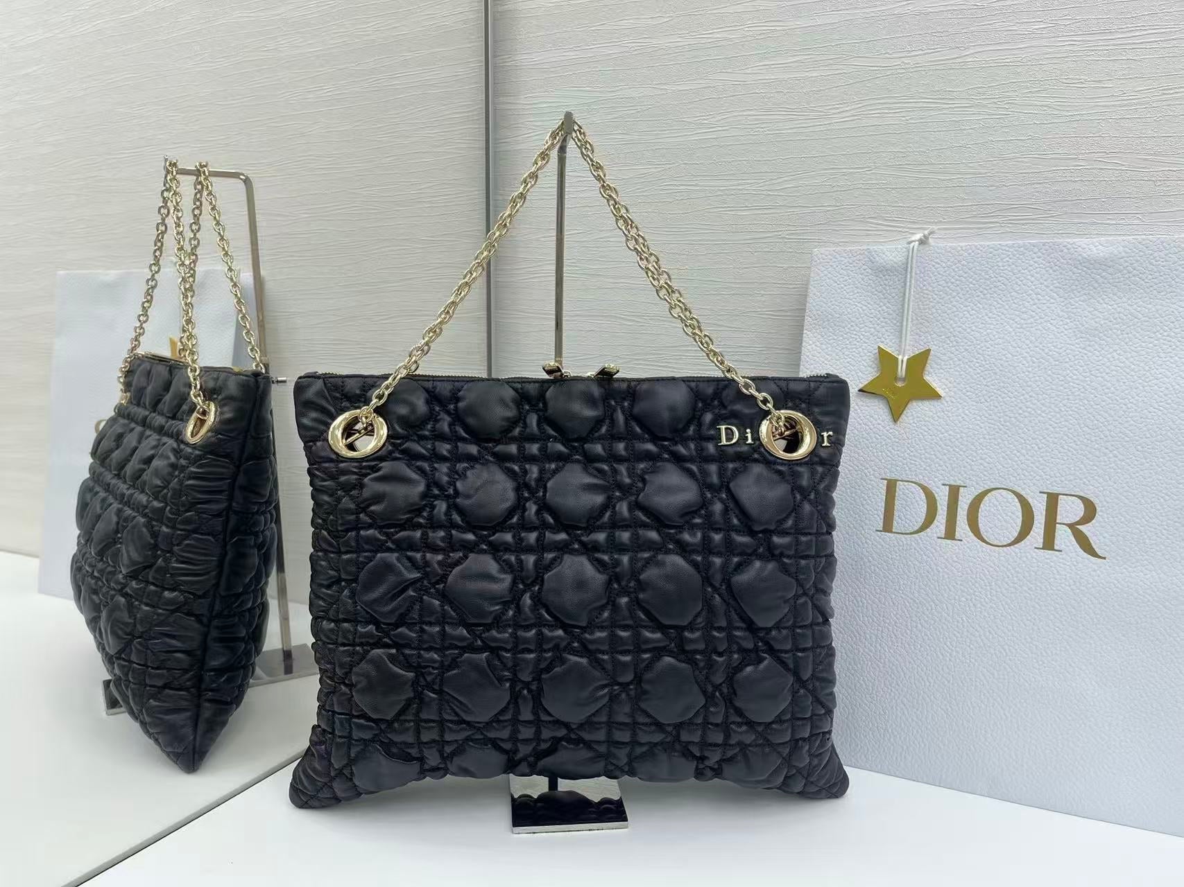 Dior 2026 Crunchy Bag 38cm Black Puffy Macrocannage Calfskin