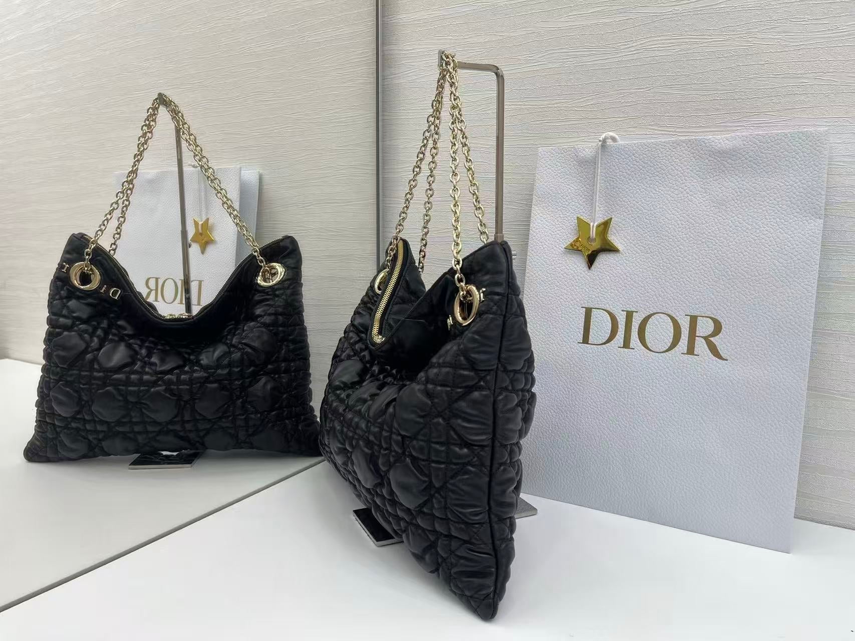 Dior 2026 Crunchy Bag 38cm Black Puffy Macrocannage Calfskin