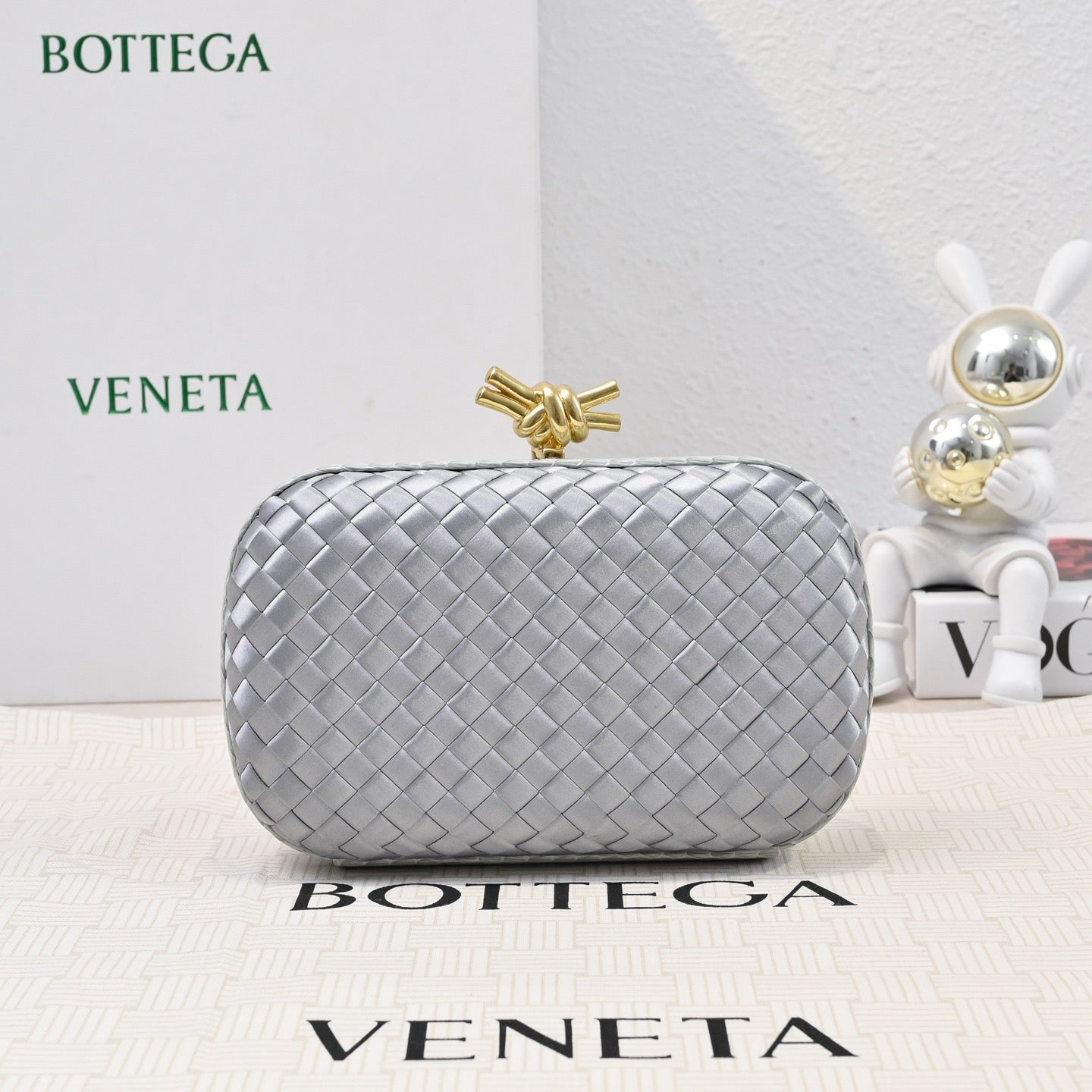 Bottega Veneta 2026 Knot Clutch 20cm Silver Gold Woven Leather