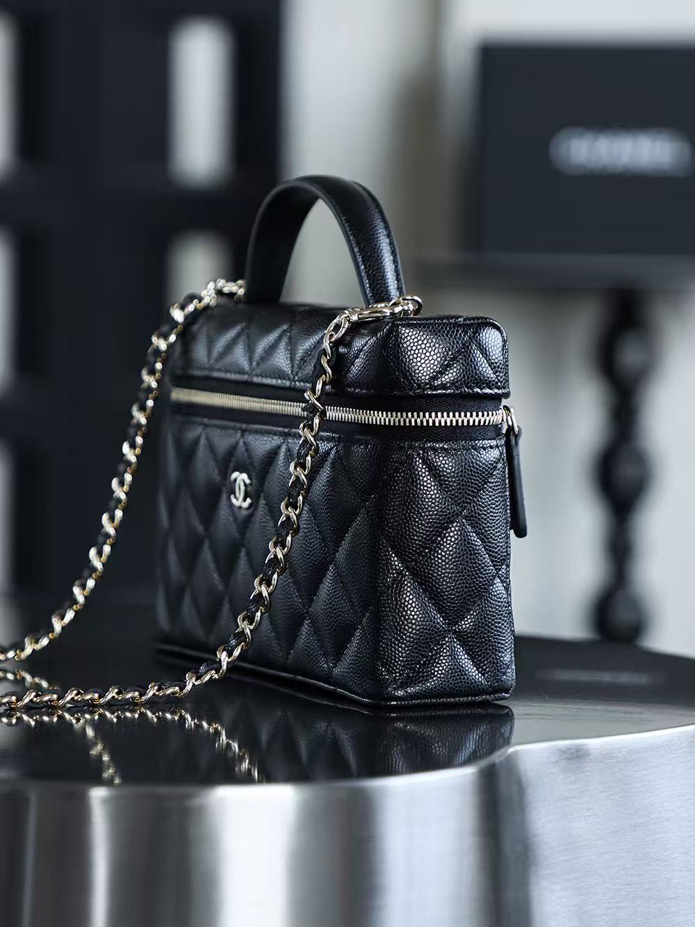 Chanel 2026 Vanity Bag 19.5cm Black Silver Caviar Leather