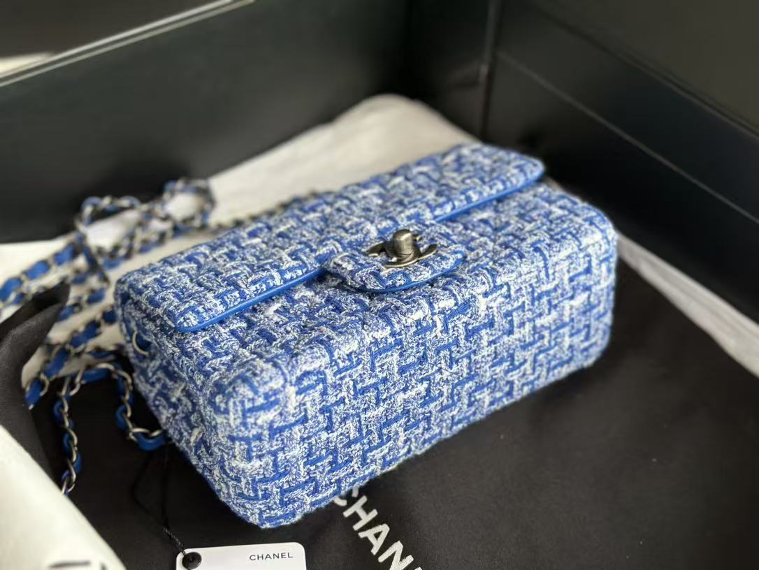 Chanel 2026 Mini Rectangular Flap Bag Blue Tweed Aged Silver Hardware