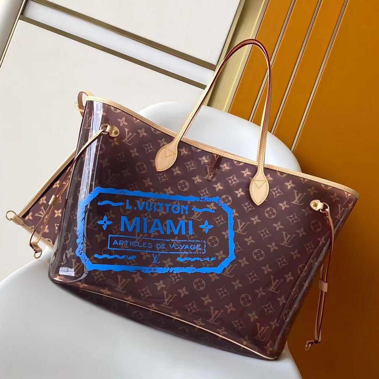 LV 2026 Neverfull MM 39cm Brown Beige Monogram Canvas Leather With Blue Letter