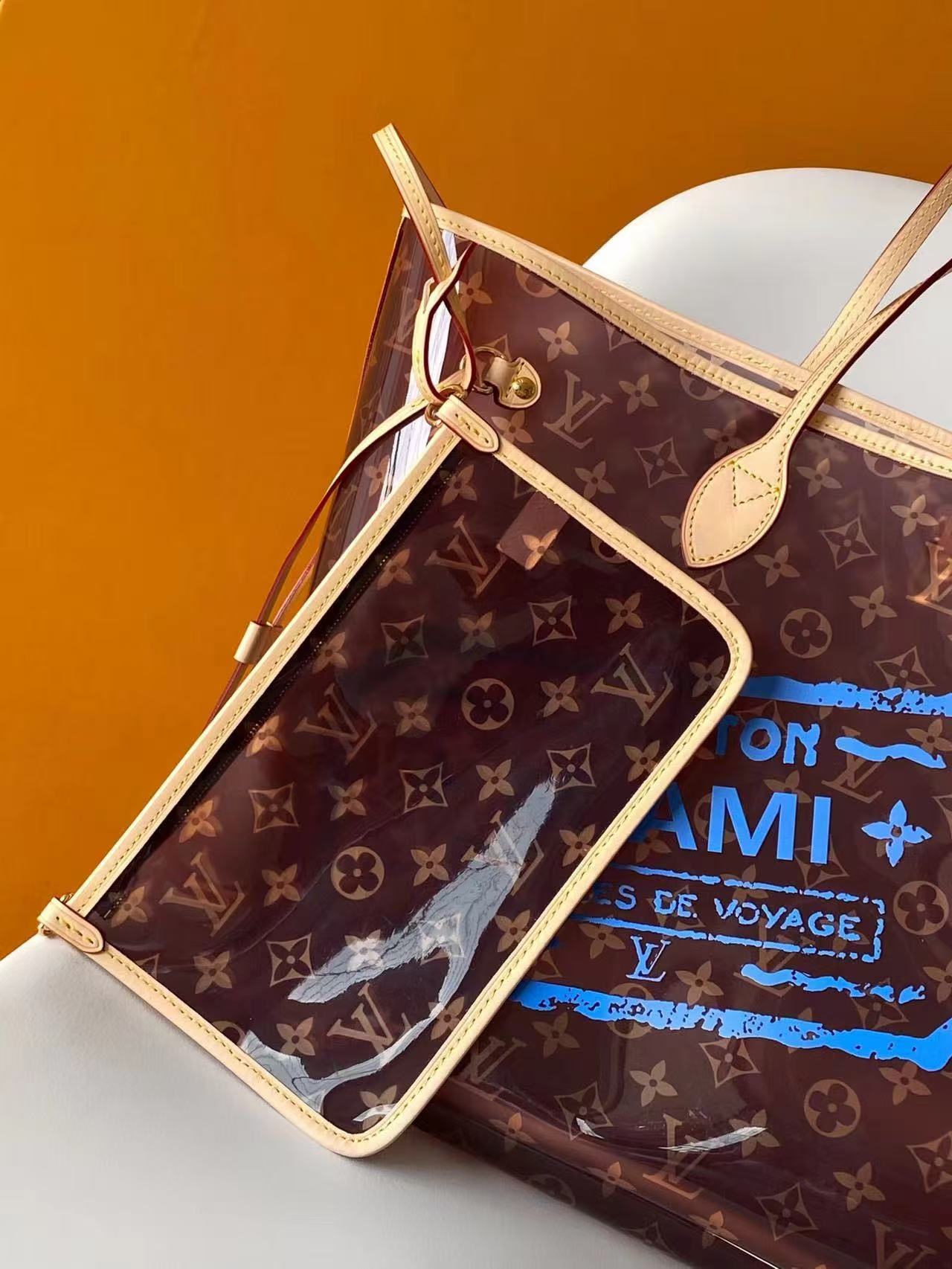 LV 2026 Neverfull MM 39cm Brown Beige Monogram Canvas Leather With Blue Letter
