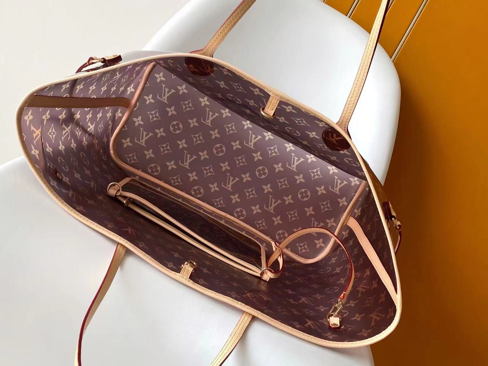 LV 2026 Neverfull MM 39cm Brown Beige Monogram Canvas Leather With Blue Letter