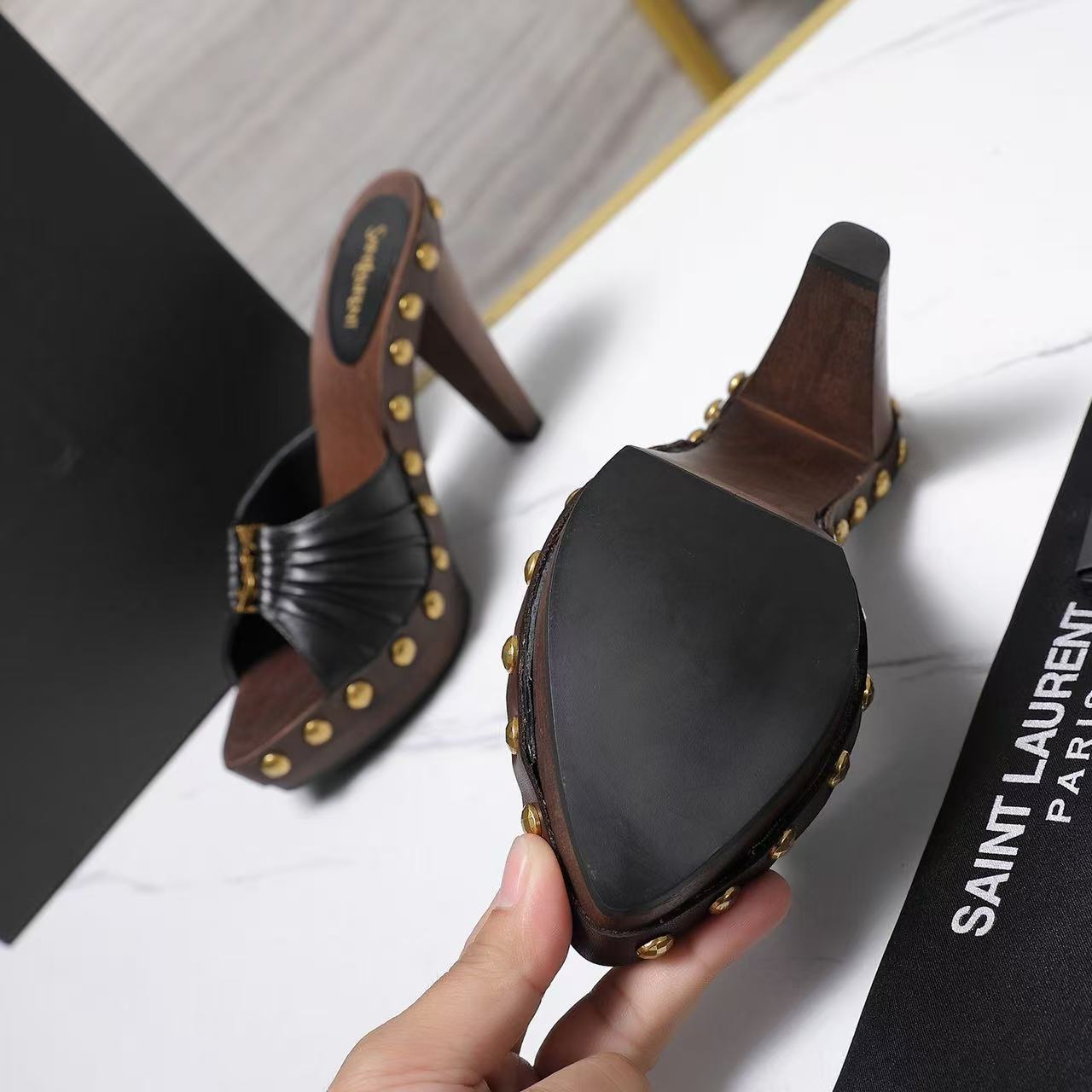 YSL 2026 Bavylone Platform Sandal Brown Black Smooth Leather