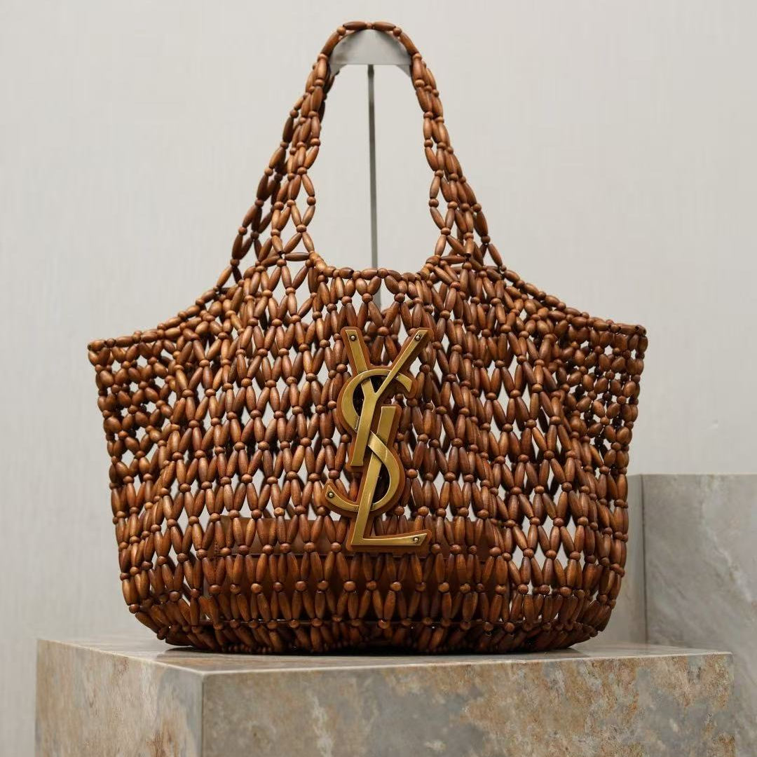 YSL 2026 Icare Wooden Bead 46cm Brown Woven Bag