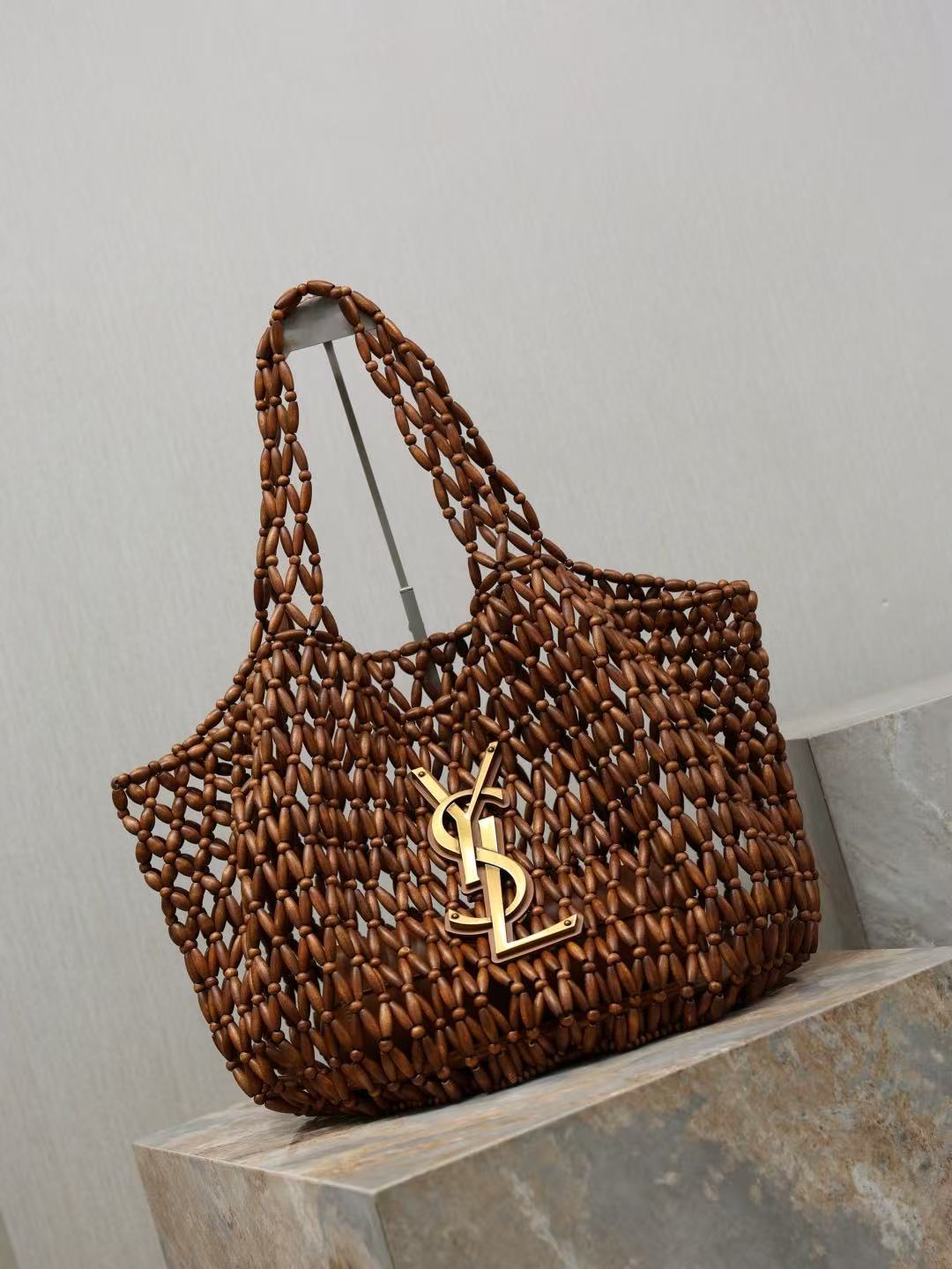 YSL 2026 Icare Wooden Bead 46cm Brown Woven Bag