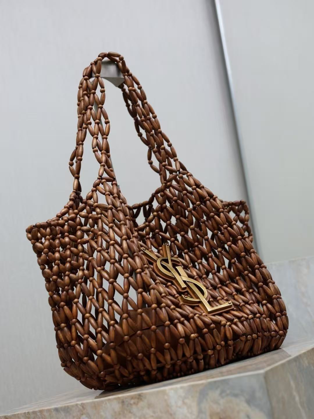 YSL 2026 Icare Wooden Bead 46cm Brown Woven Bag