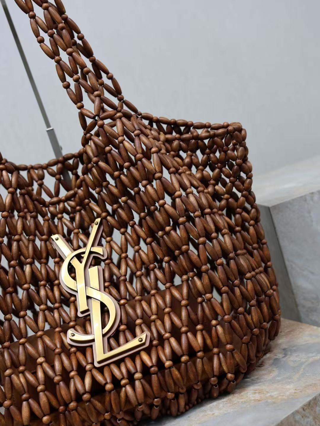 YSL 2026 Icare Wooden Bead 46cm Brown Woven Bag