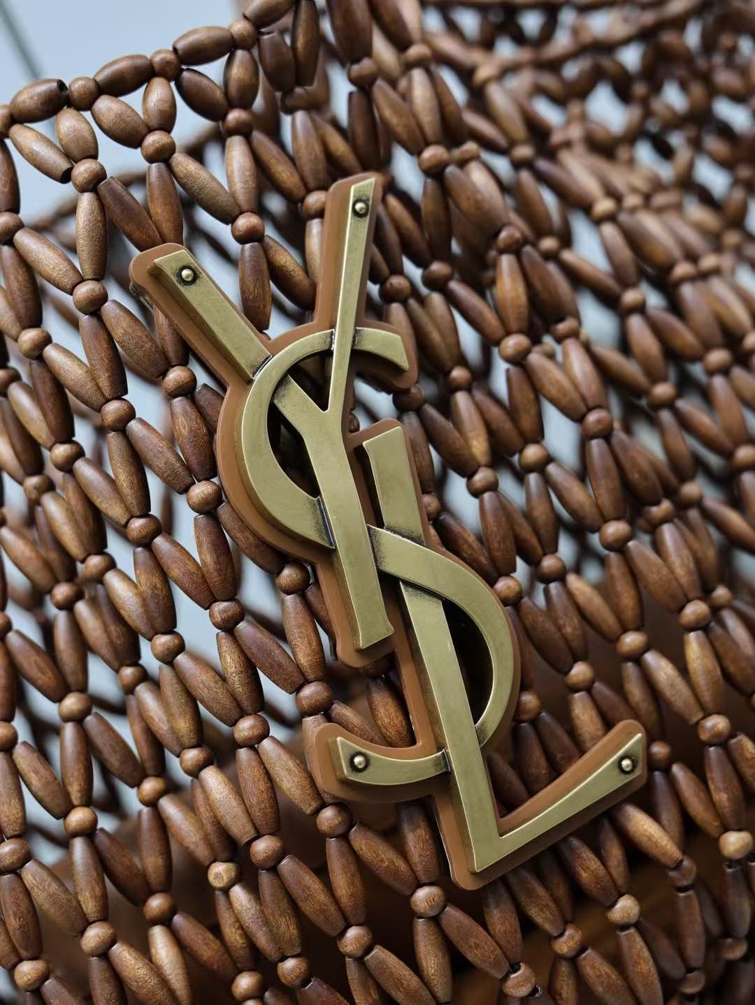 YSL 2026 Icare Wooden Bead 46cm Brown Woven Bag