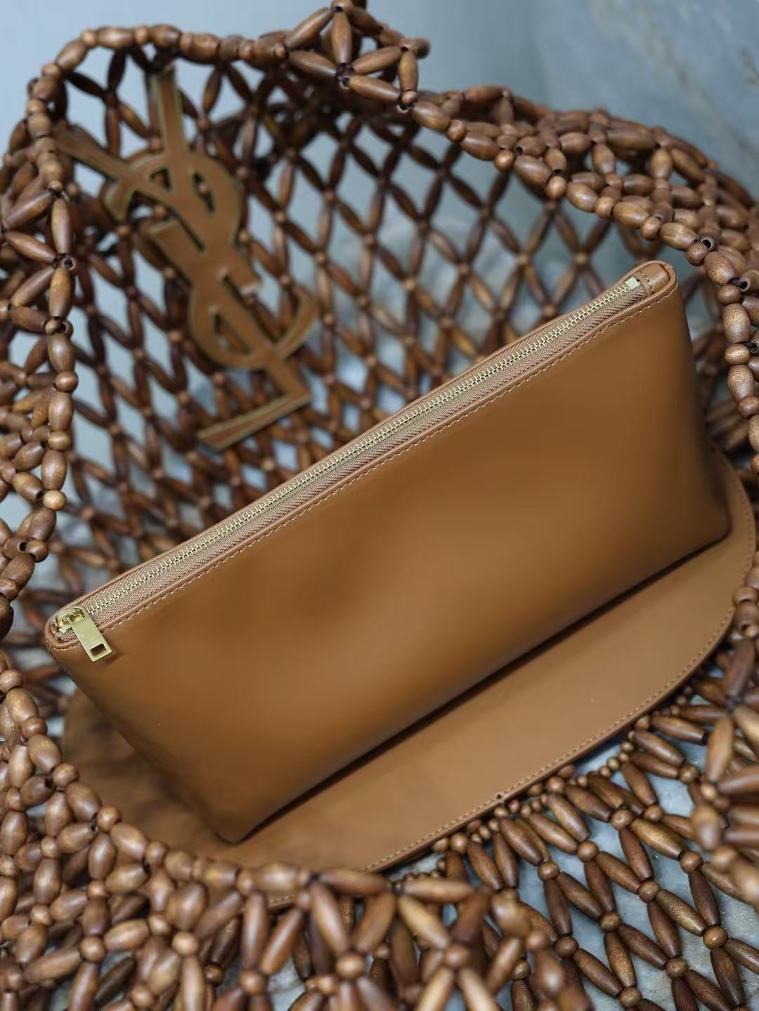 YSL 2026 Icare Wooden Bead 46cm Brown Woven Bag