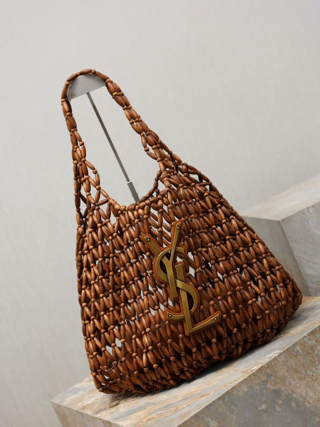 YSL 2026 Icare Wooden Bead 46cm Brown Woven Bag