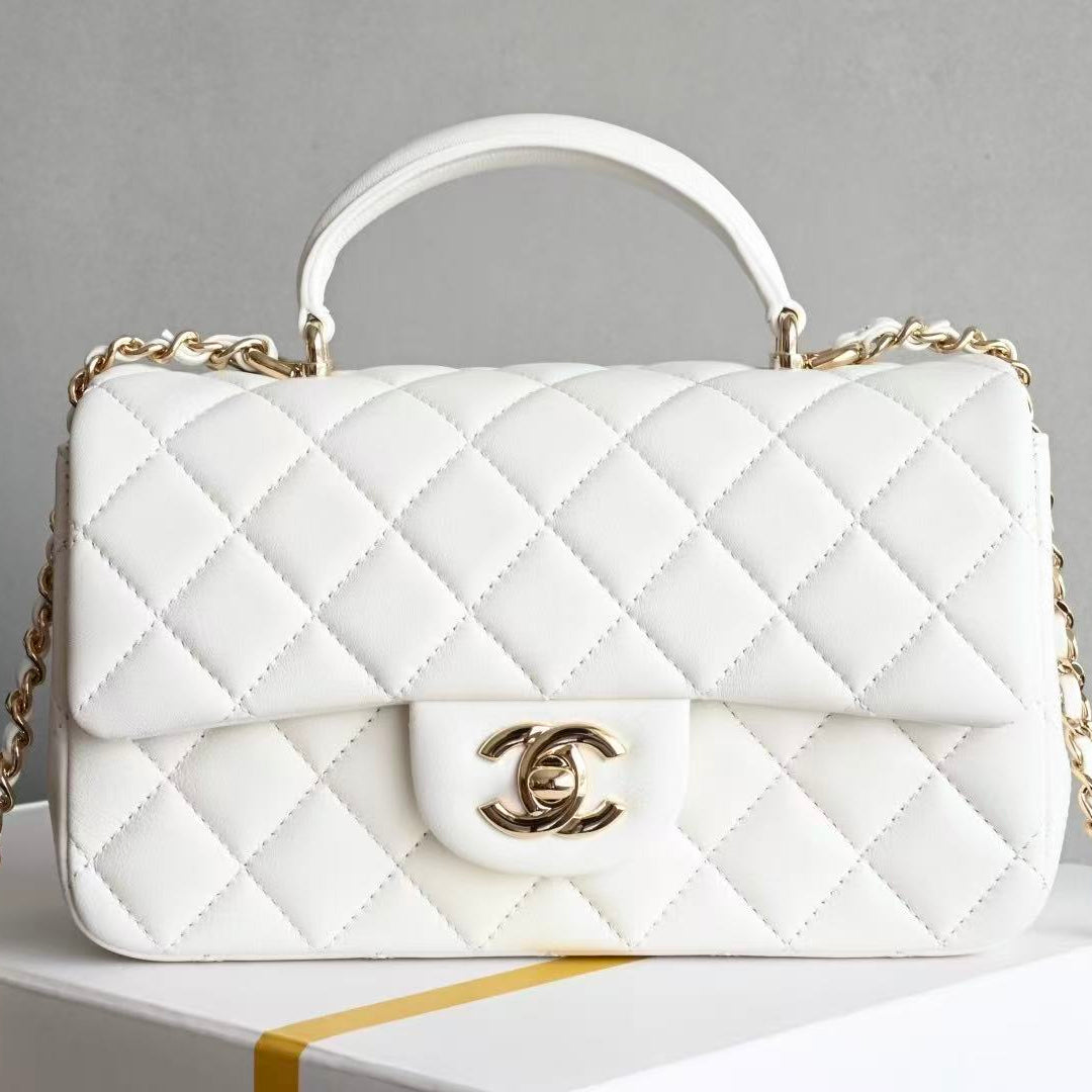 Chanel Flap With Top Handle 20cm White Lambskin