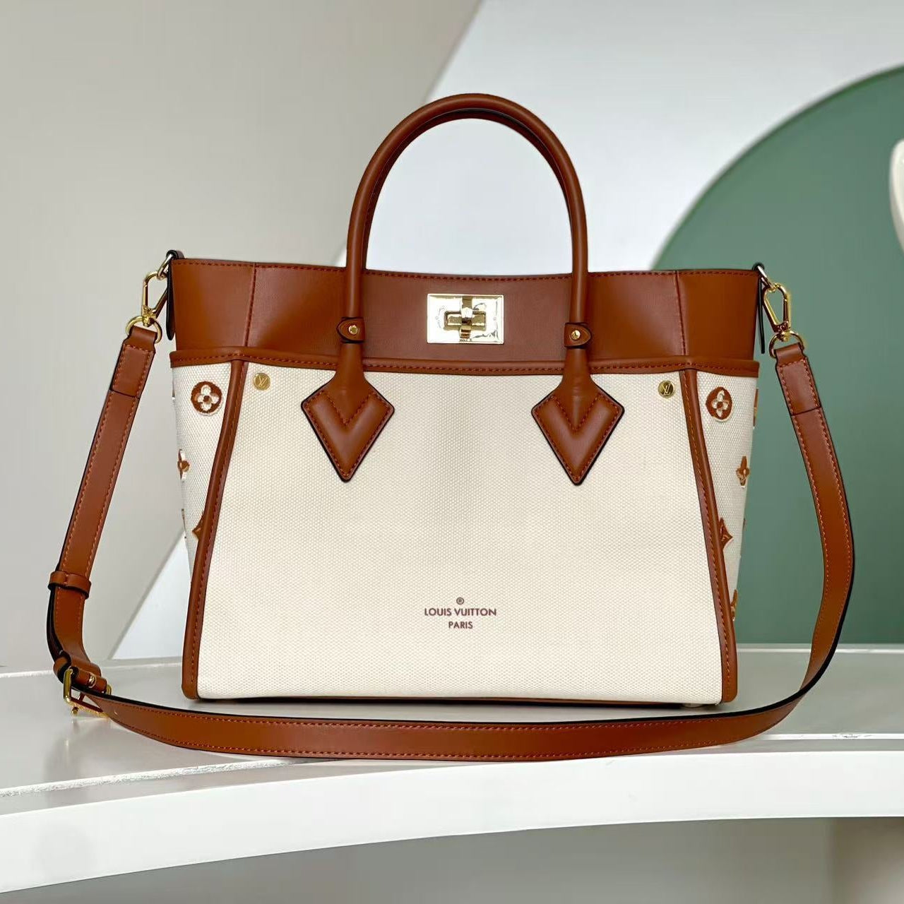 Louis Vuitton 2026 On My Side MM Bag 30cm Brown Cream Leather Fabric