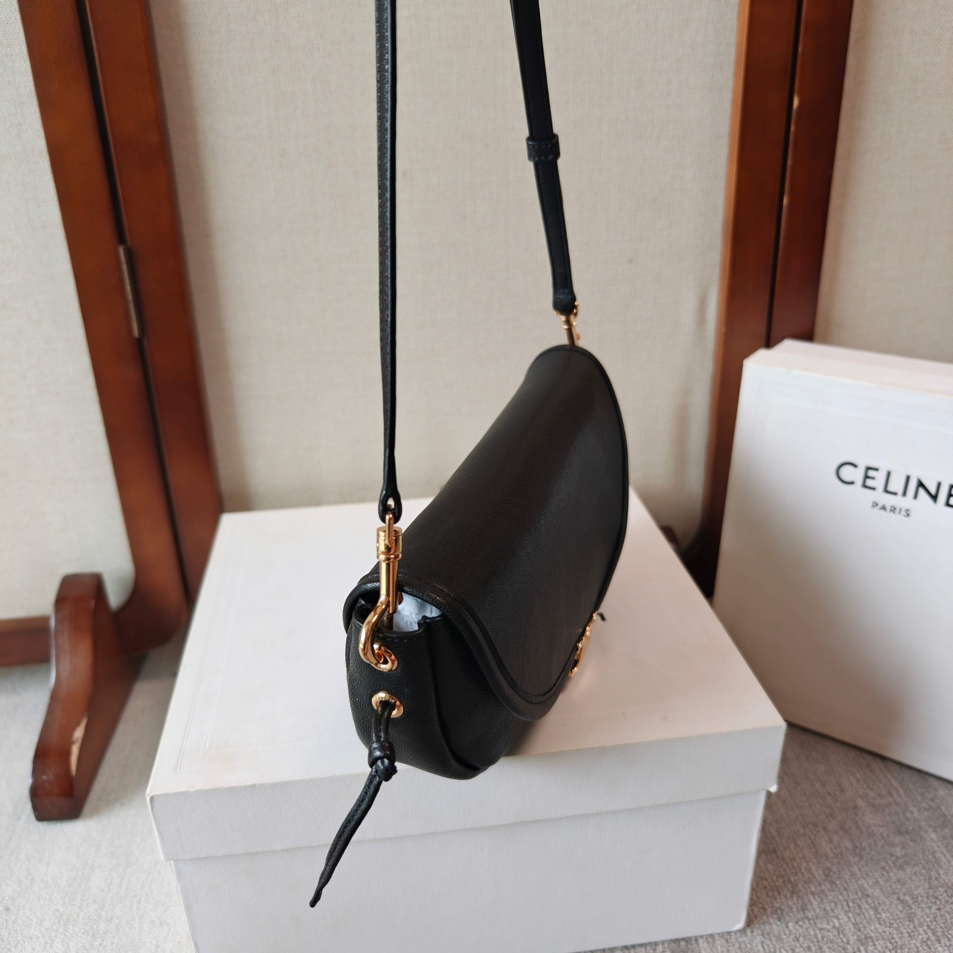 Celine Halfmoon Soft Triomphe Bag 25cm Black Shiny Lambskin