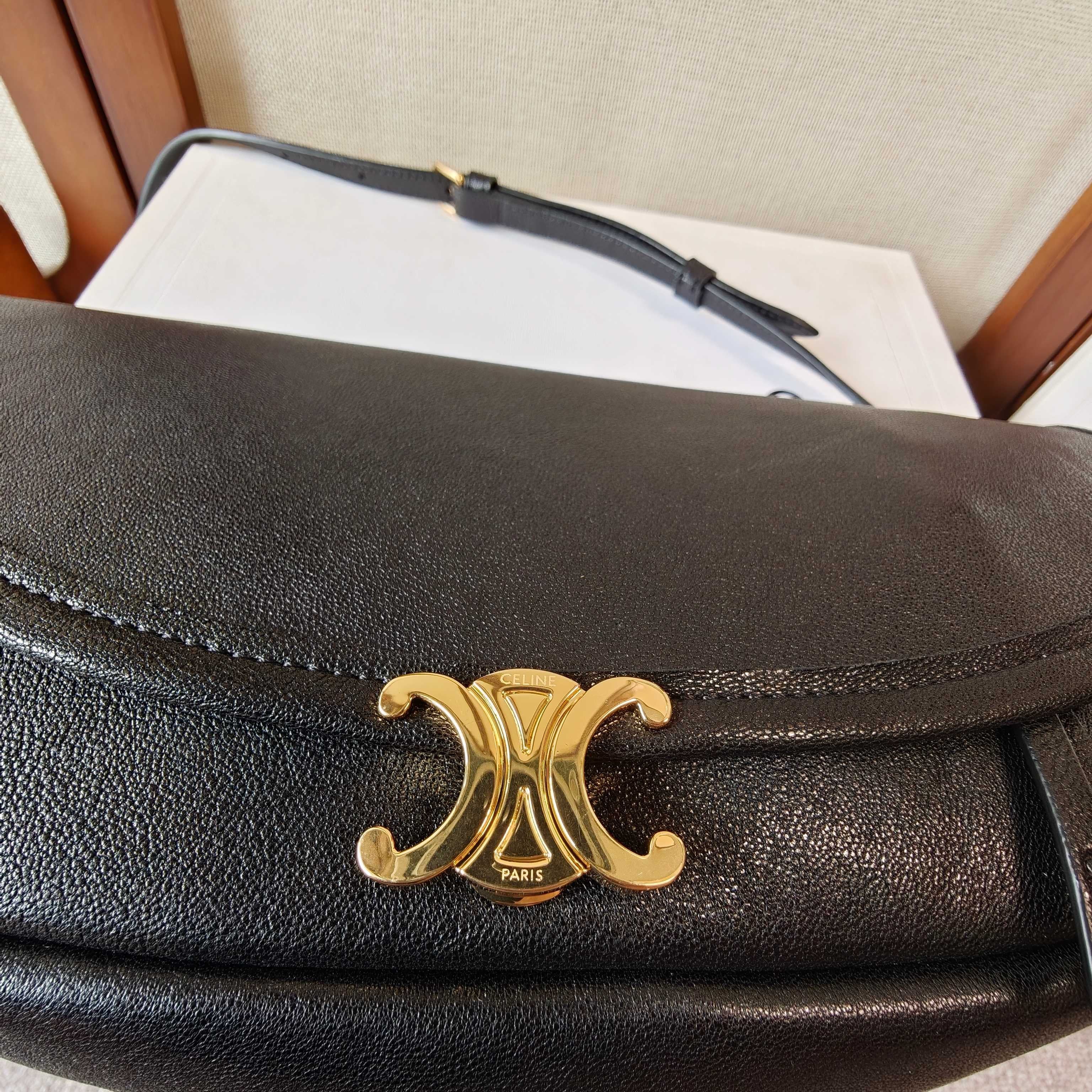 Celine Halfmoon Soft Triomphe Bag 25cm Black Shiny Lambskin