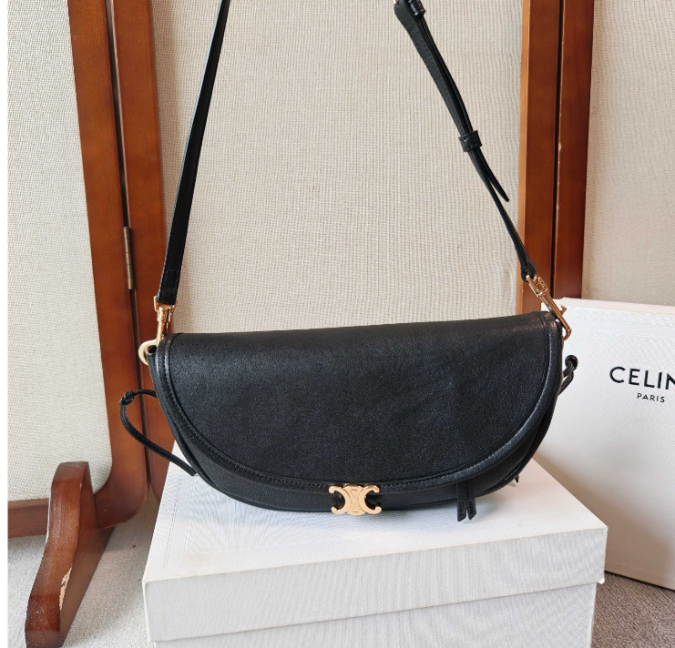 Celine Halfmoon Soft Triomphe Bag 25cm Black Shiny Lambskin