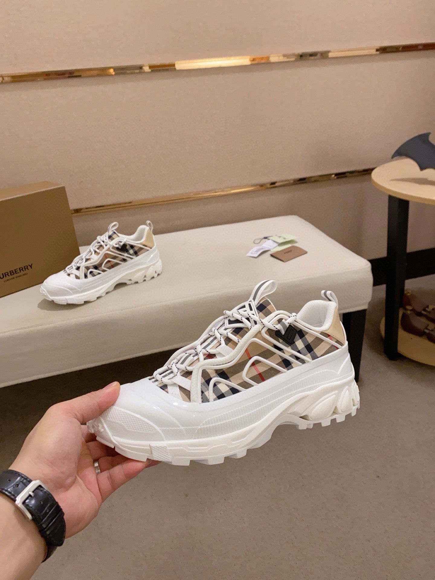 Burberry Chunky Men's Sneakers in Beige and White Check Pattern