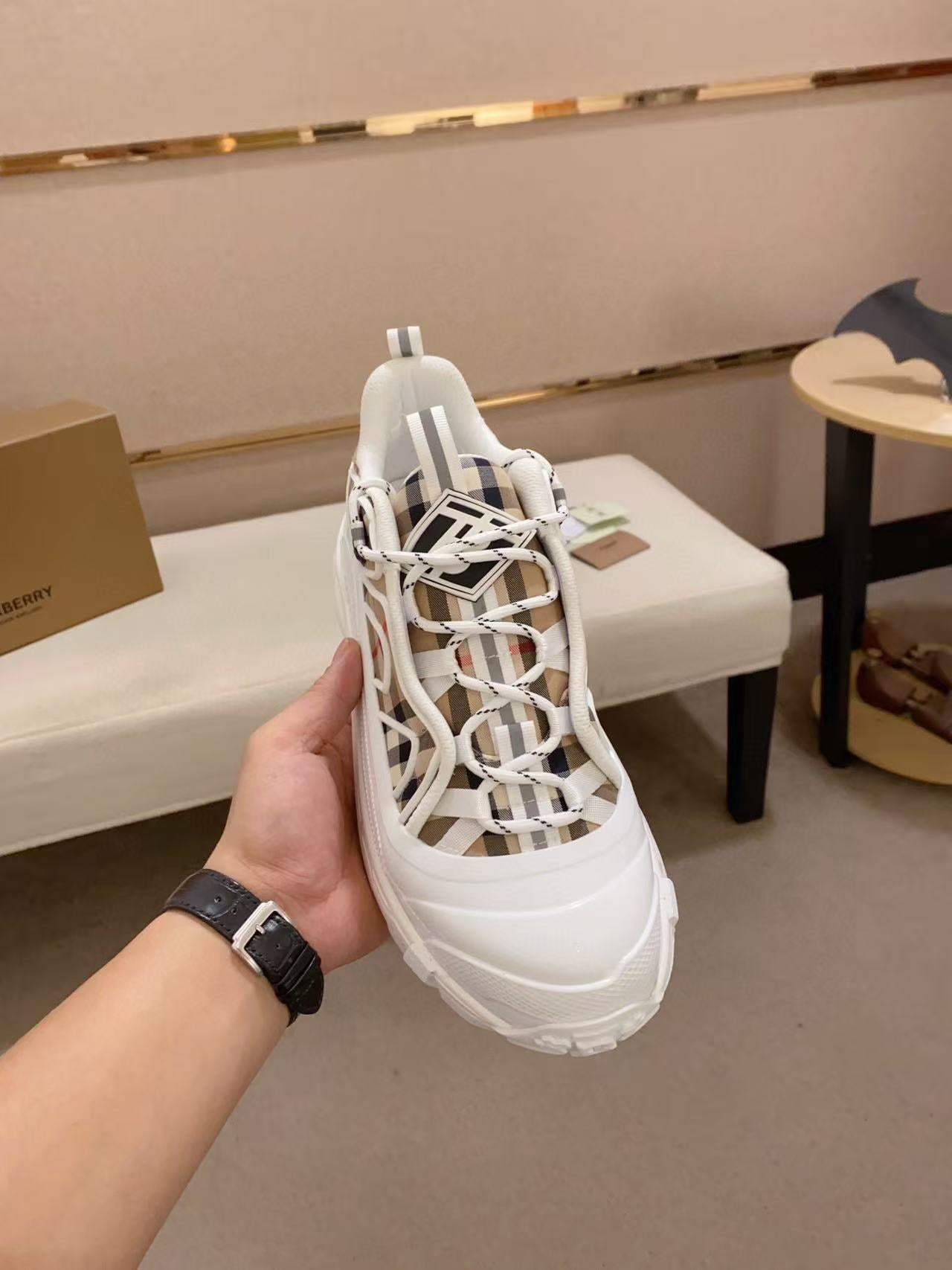 Burberry Chunky Men's Sneakers in Beige and White Check Pattern