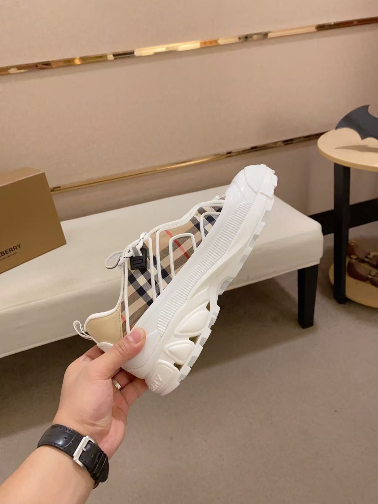 Burberry Chunky Men's Sneakers in Beige and White Check Pattern