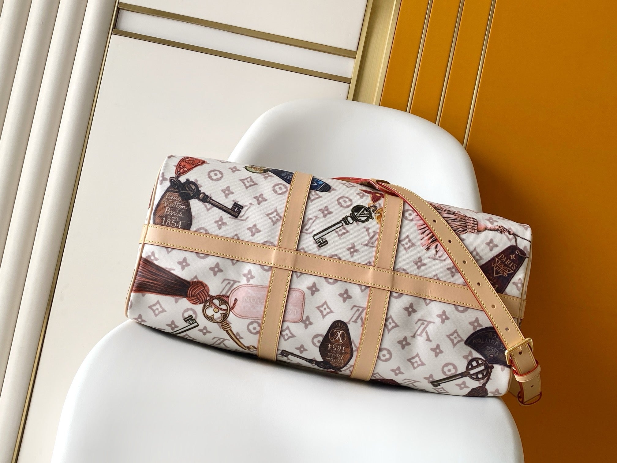 Louis Vuitton 2026 Keepall Bandoulière 45 Bag Leather White Canvas Cowhide