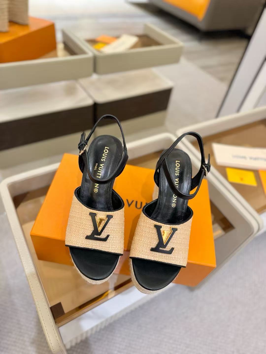 Louis Vuitton Starboard Wedge Sandals 10cm Straw Leather