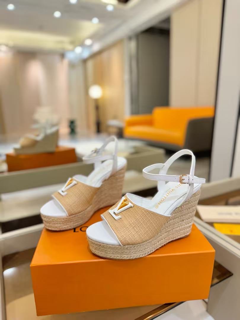 Louis Vuitton Starboard Wedge Sandals 10cm Straw Leather