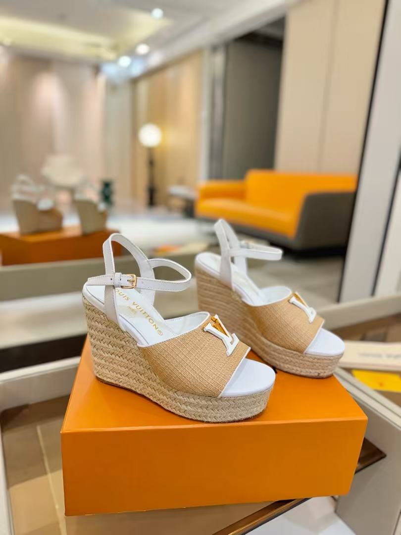 Louis Vuitton Starboard Wedge Sandals 10cm Straw Leather