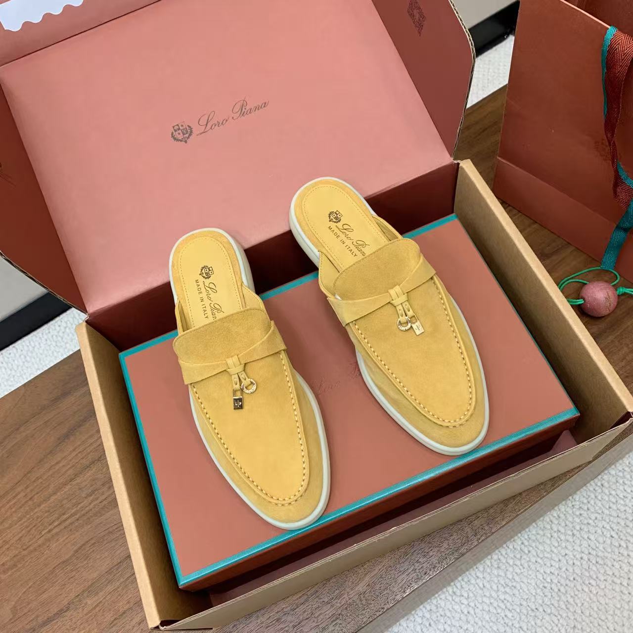 Loro Piana 2026 Summer Charms Walk Mules Yellow Suede