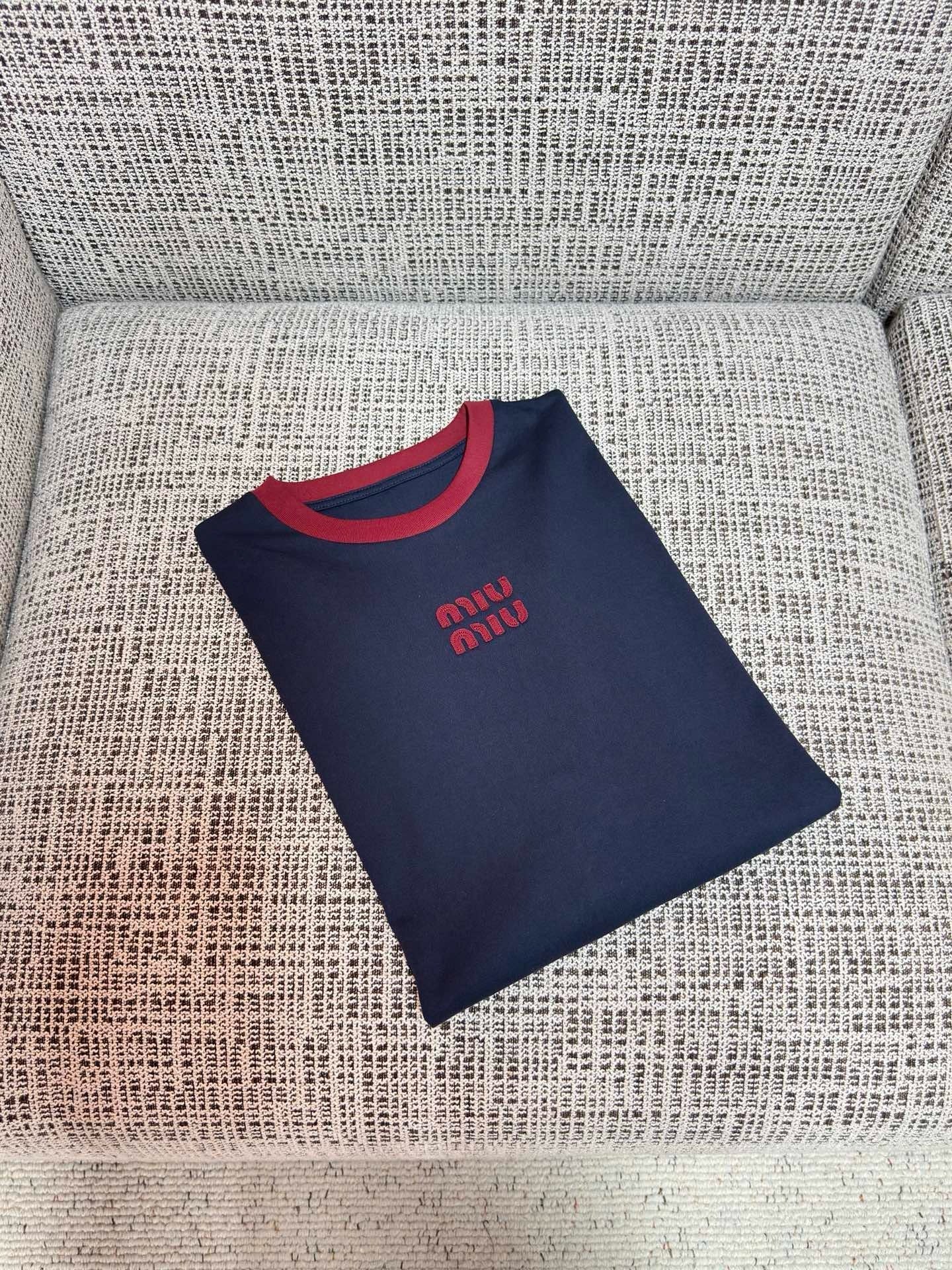 Miu Miu 2026 Long-sleeved T-shirt Navy Blue Red Cotton