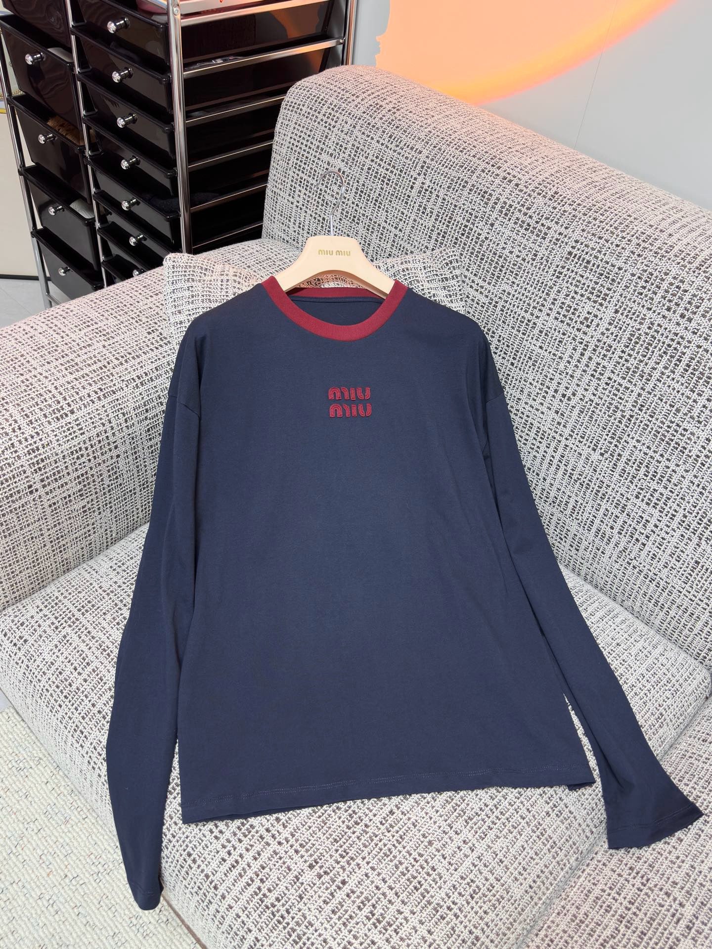 Miu Miu 2026 Long-sleeved T-shirt Navy Blue Red Cotton