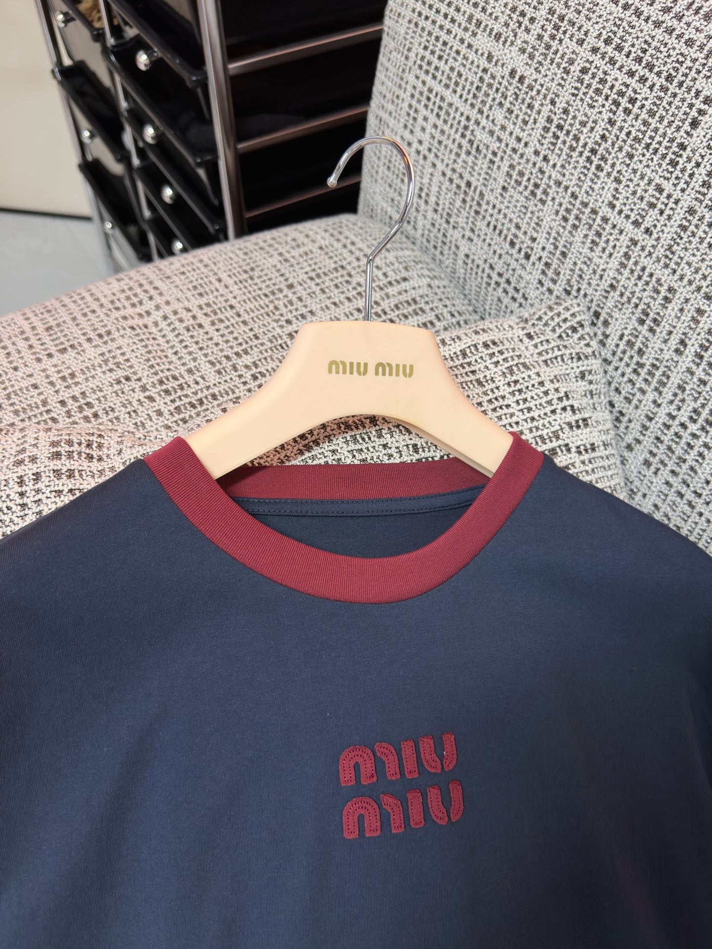 Miu Miu 2026 Long-sleeved T-shirt Navy Blue Red Cotton