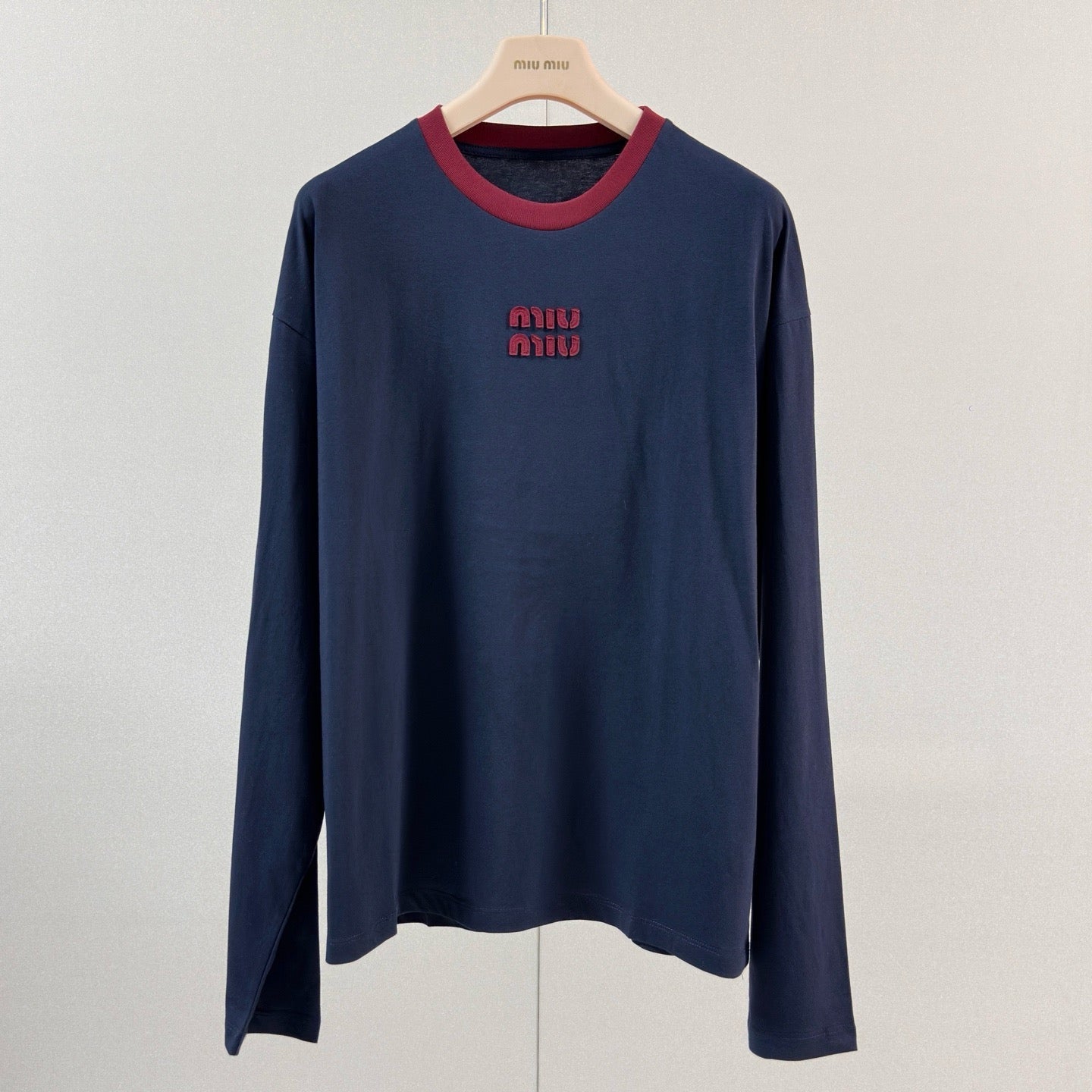 Miu Miu 2026 Long-sleeved T-shirt Navy Blue Red Cotton