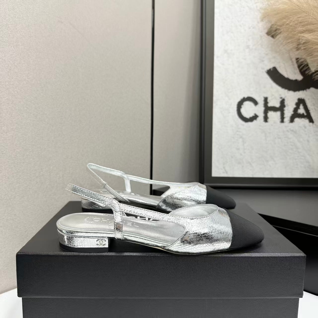 Chanel 2026 Black Toe Slingback 15mm Metallic Lambskin