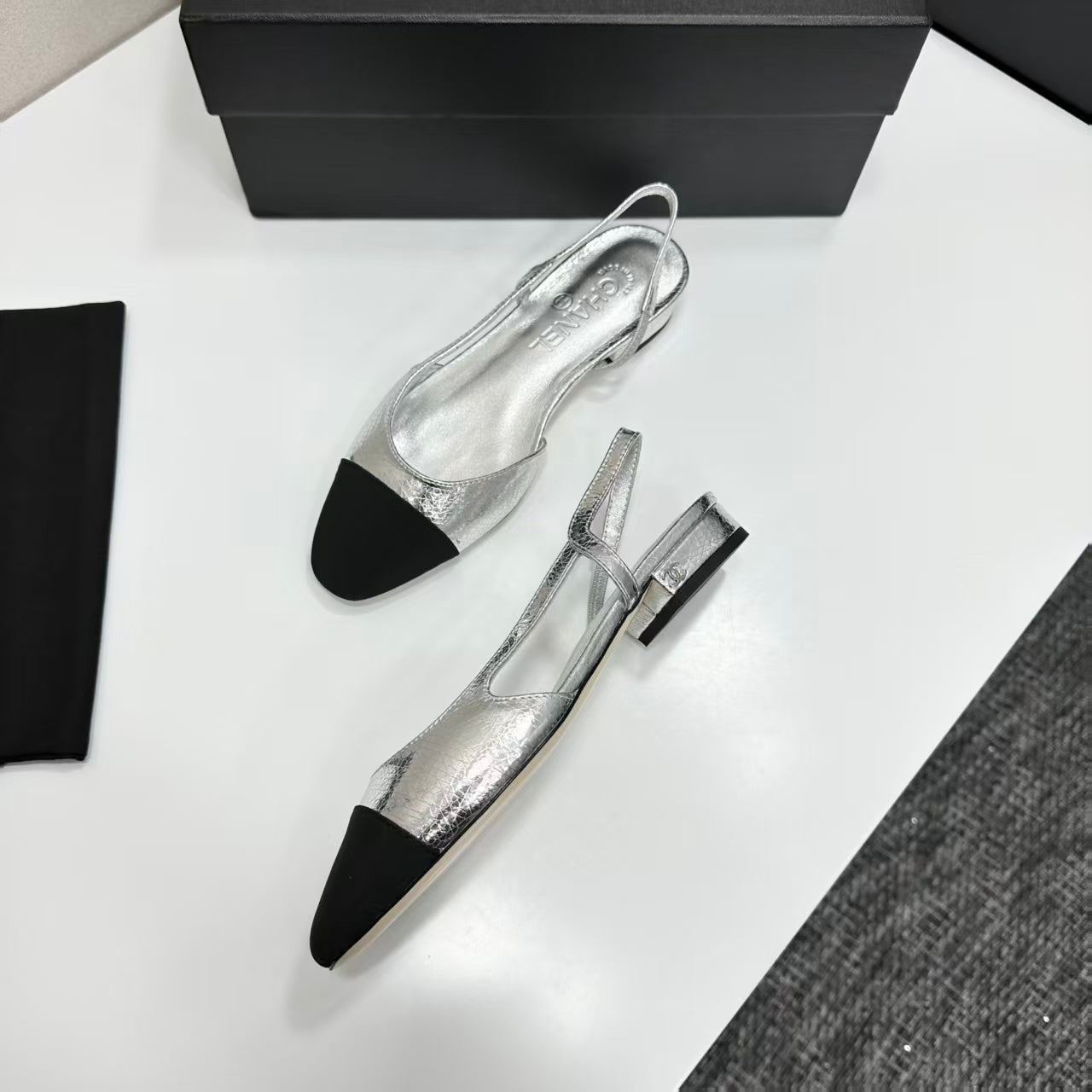 Chanel 2026 Black Toe Slingback 15mm Metallic Lambskin