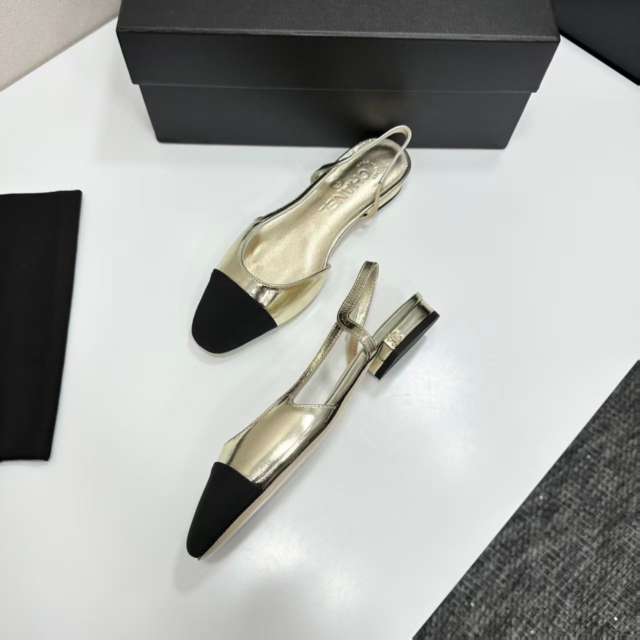 Chanel 2026 Black Toe Slingback 15mm Metallic Lambskin