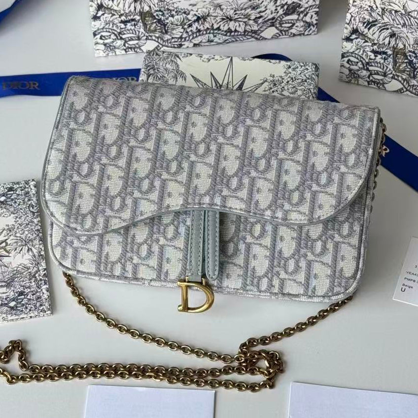 Dior 2026 Saddle Pouch 21.5cm with Chain Gray Dior Oblique Jacquard