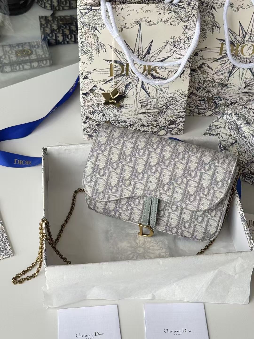 Dior 2026 Saddle Pouch 21.5cm with Chain Gray Dior Oblique Jacquard