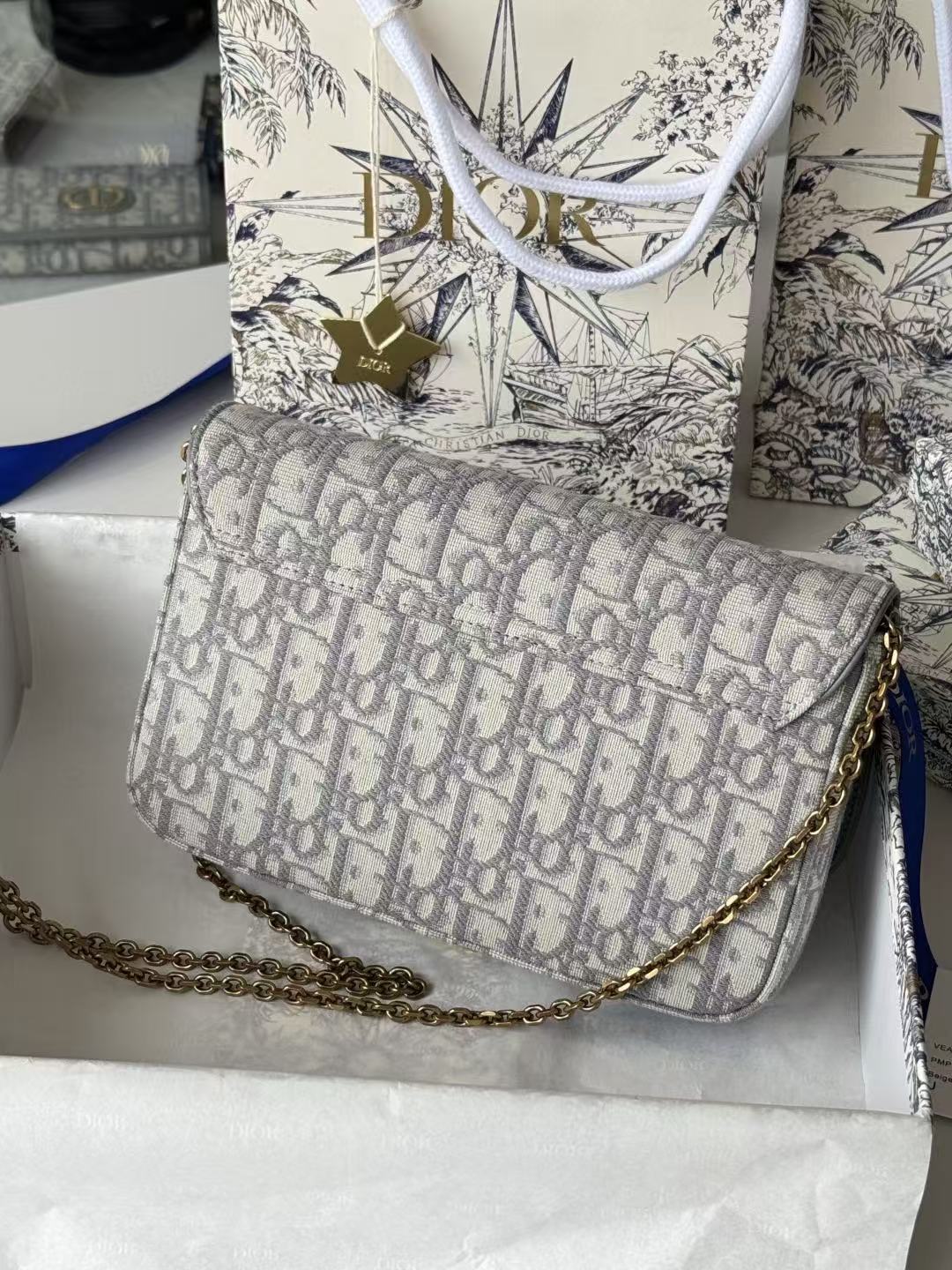 Dior 2026 Saddle Pouch 21.5cm with Chain Gray Dior Oblique Jacquard
