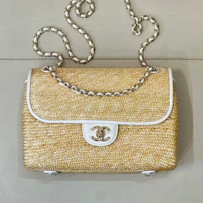 Chanel 2026 Flap Bag 23cm Beige Raffia And Lambskin