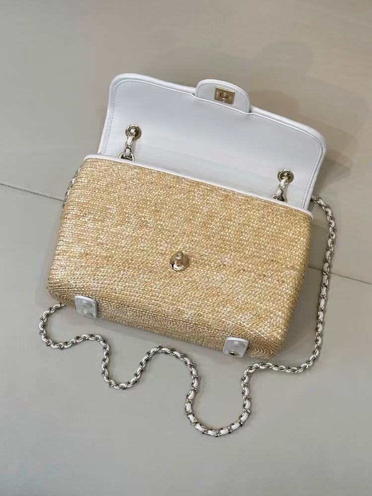 Chanel 2026 Flap Bag 23cm Beige Raffia And Lambskin