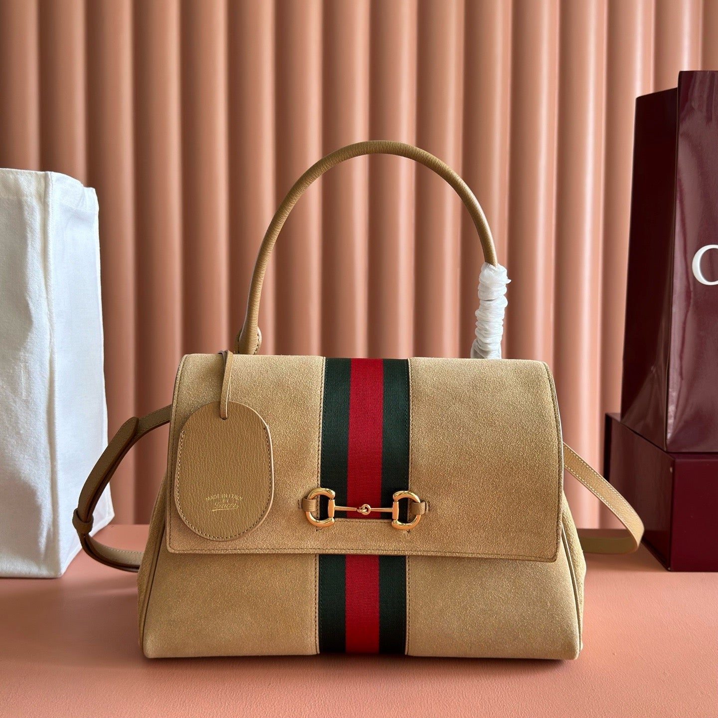 Gucci 2026 Paparazzo Shoulder Bag 30cm Beige Red Green Suede Leather