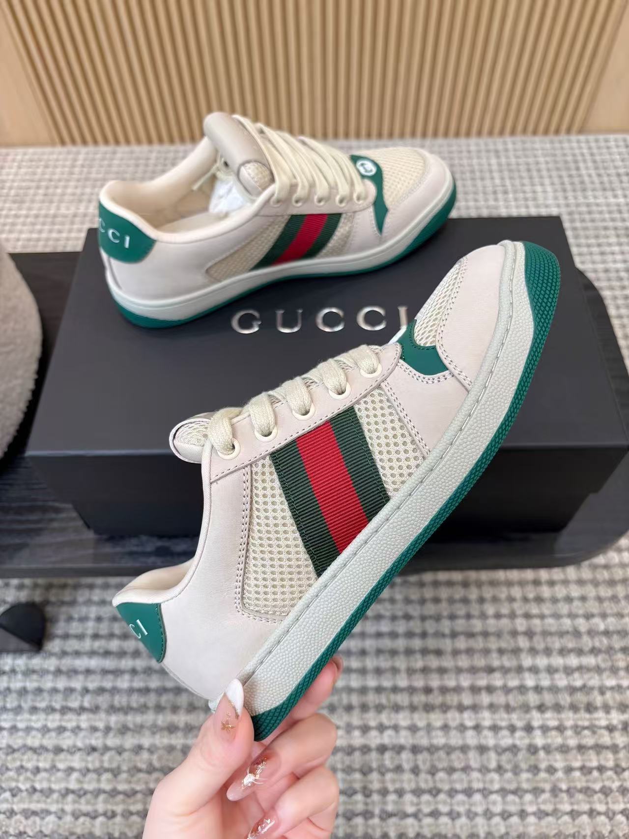 Gucci 2026 Screener Sneaker White Green Red Mesh Leather