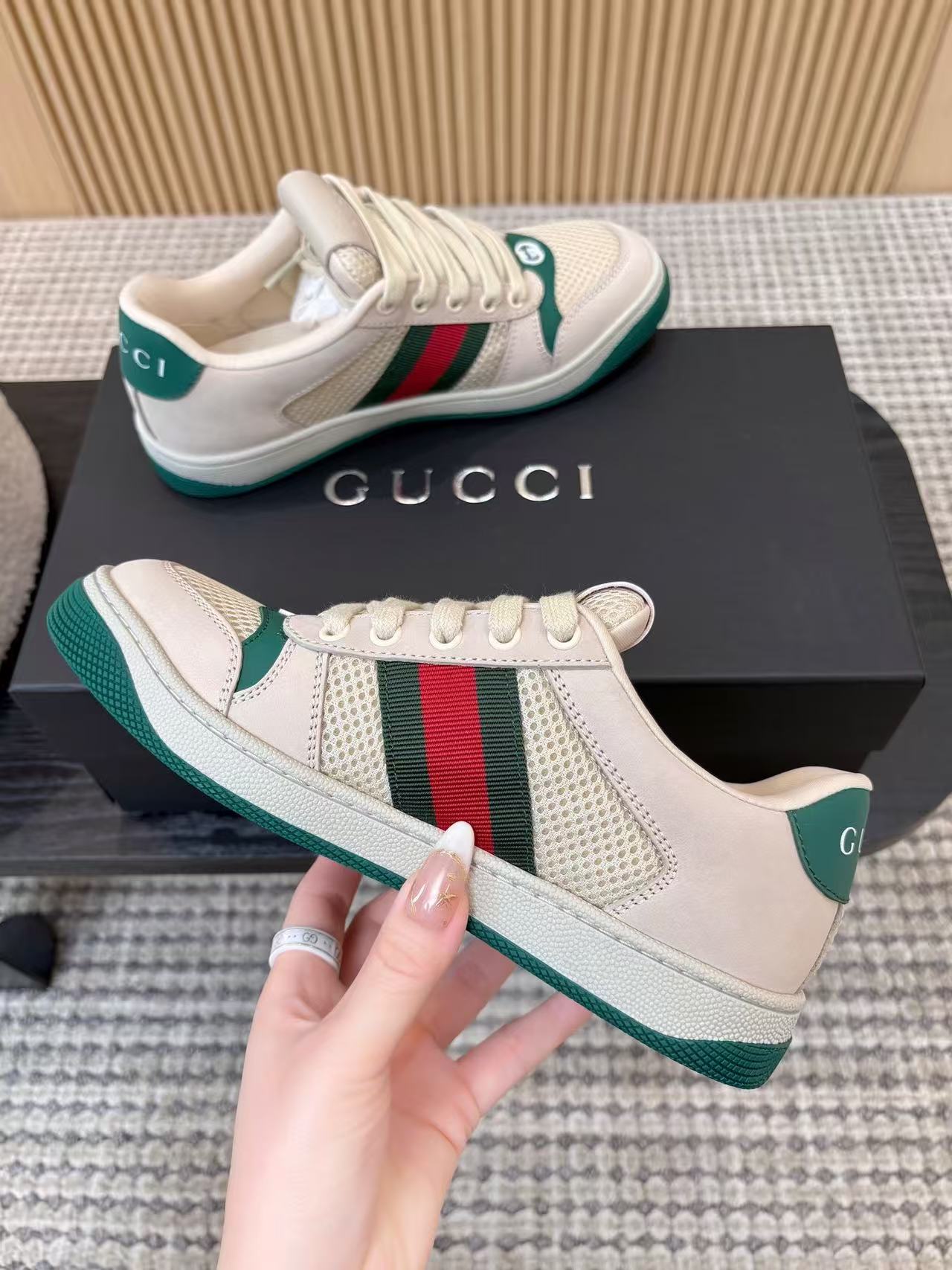 Gucci 2026 Screener Sneaker White Green Red Mesh Leather